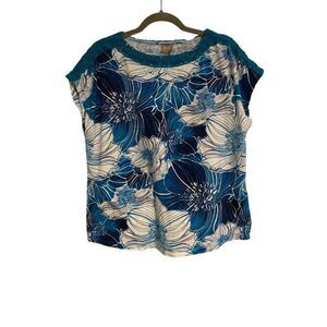 Chicos 2 Top Floral Print Blue & White Blouse Crochet Detail Women’s Large Artsy